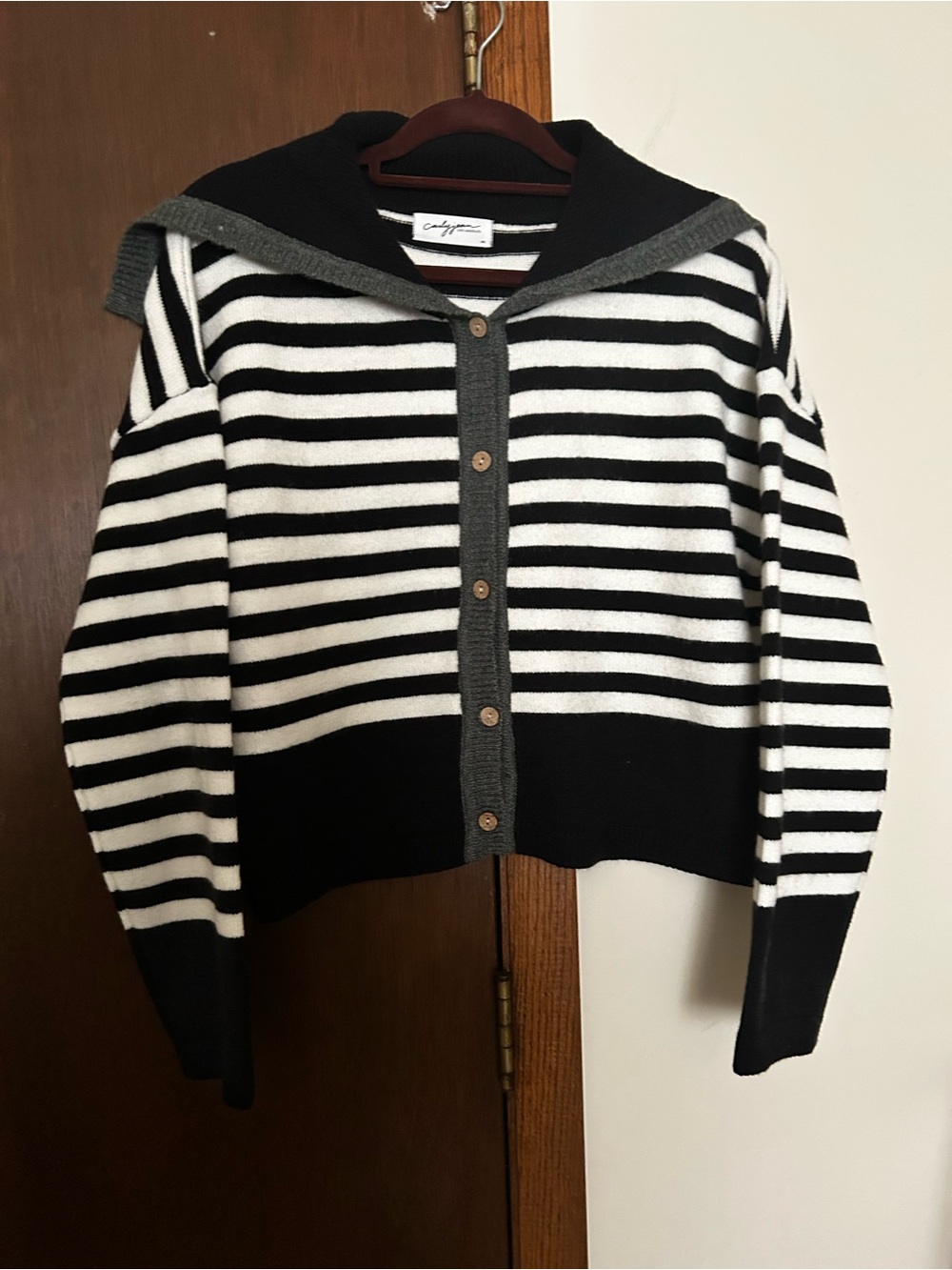 Carly Jean Los Angeles Black, White & Gray Striped Button Cardigan